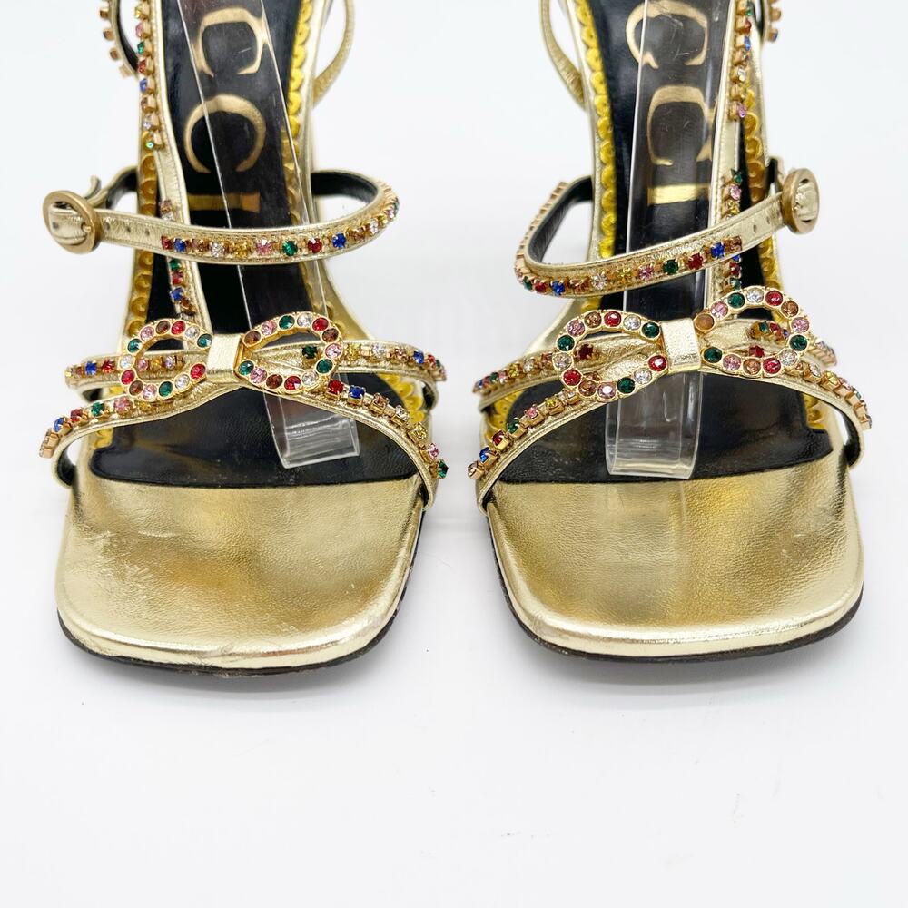 Gucci Carmen Crystal Embellished Gold Leather Bow High Heel Sandals EU 38.5 - Picture 7 of 13